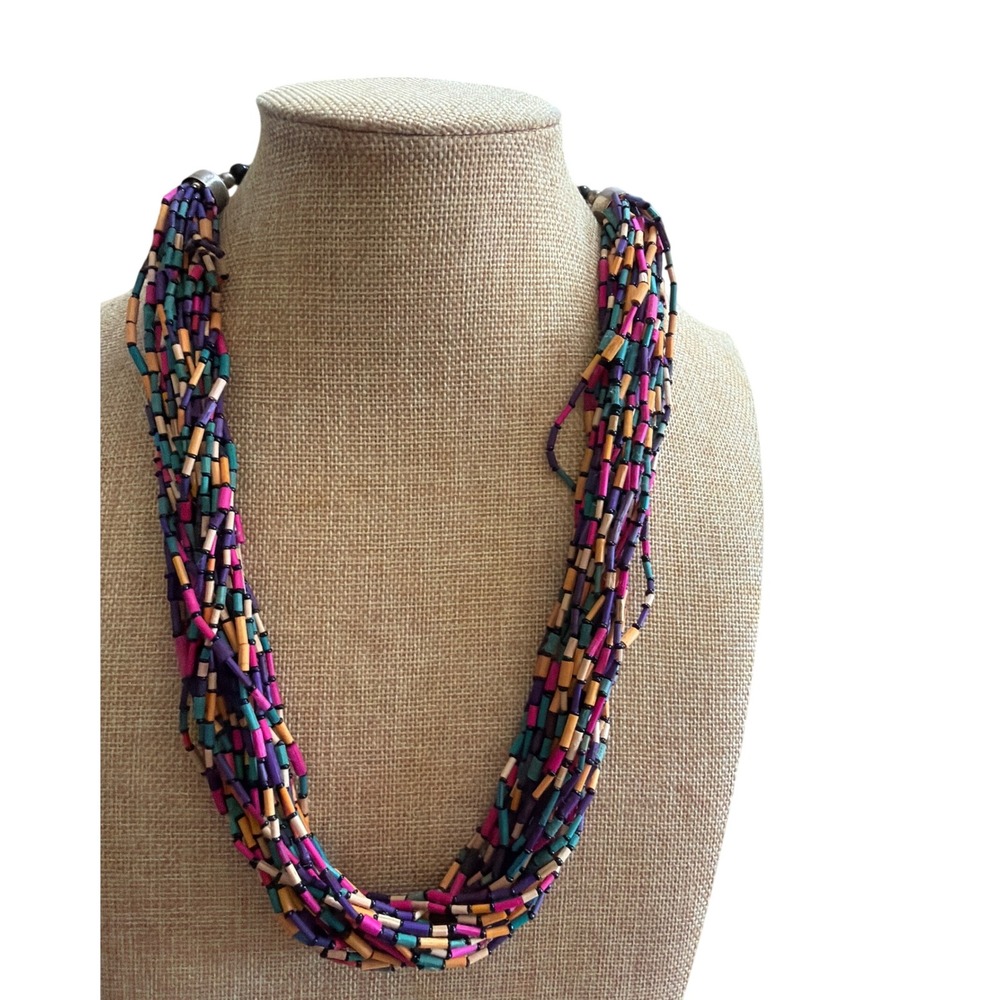 Vintage Multistrand Liquid Bead Statement Necklace Colorful Boho Layered